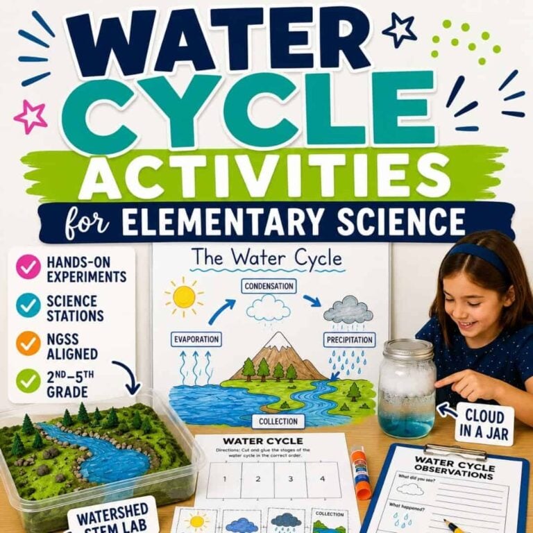A smiling girl sits at a table with Water Cycle Activities for Kids, featuring a cloud-in-a-jar experiment, worksheets, a diagram, and a diorama. Colorful text above reads “Water Cycle Activities for Elementary Science.”.
