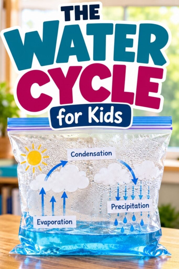 Water Cycle for Kids: A Teacher's Guide for 2nd–5th Grade 1 The Water Cycle for Kids features a plastic bag with blue water and labeled clouds, showing evaporation, condensation, and precipitation with arrows—ideal for teaching elementary students.