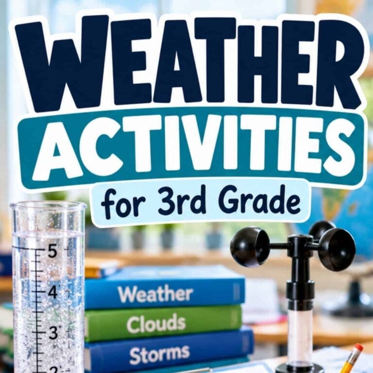 A sign with Weather Activities for 3rd Grade hangs above science tools and weather books—ideal earth’s biosphere activities, featuring a water beaker and a weather instrument on the table.