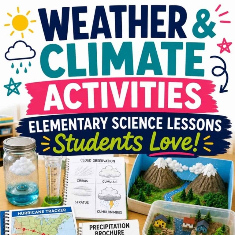 A colorful sign says "Weather Activities for 3rd Grade: Science Lessons Students Love!" Image shows activities like a hurricane tracker, cloud observation sheet, and a model landscape with clouds.
