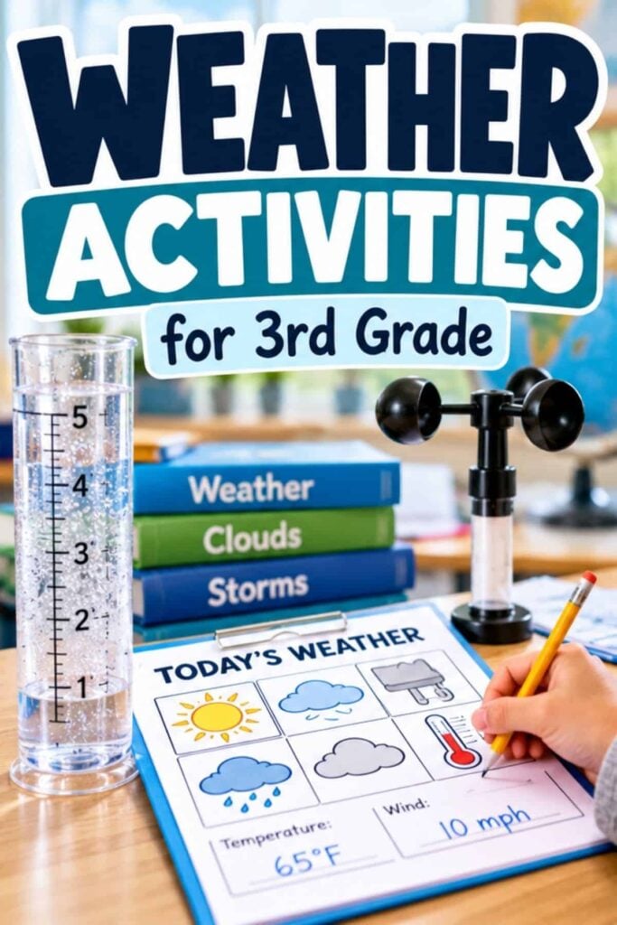 Weather Activities for 3rd Grade: Climate and Hazards 3 Weather Activities for 3rd Grade Science features weather tools, books on Weather, Clouds, and Storms, plus a Today’s Weather chart—ideal for NGSS 3-ESS2 and hands-on weather lessons.
