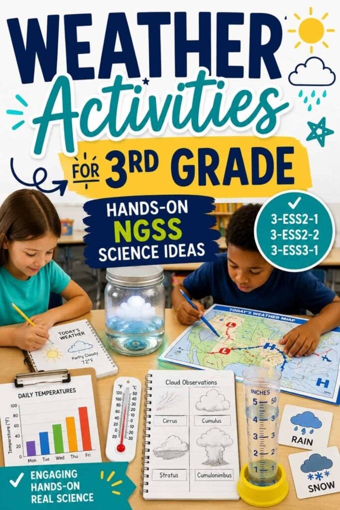 Weather Activities for 3rd Grade: Climate and Hazards 3 Two children sit at a table using Weather Activities for 3rd Grade Science, writing in notebooks, reading a thermometer, and observing a rain gauge—hands-on NGSS 3-ESS2 science activities for 3rd graders.