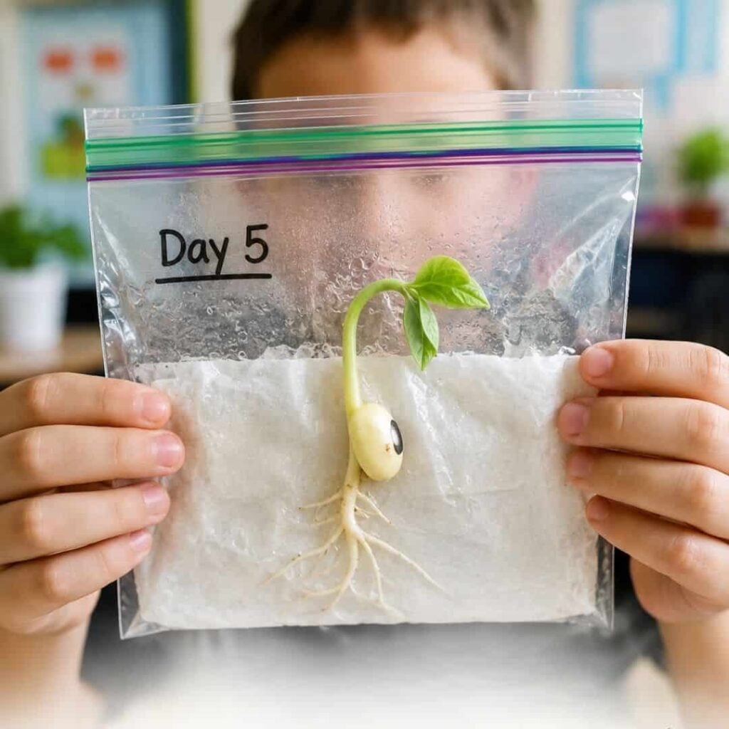 A child holds a "grow a plant in a bag" kit labeled Day 5, showing a sprouted bean with roots and leaves on moist paper towels&mdash;ideal for teaching plant life cycles in elementary classrooms. A blurred classroom is visible in the background.