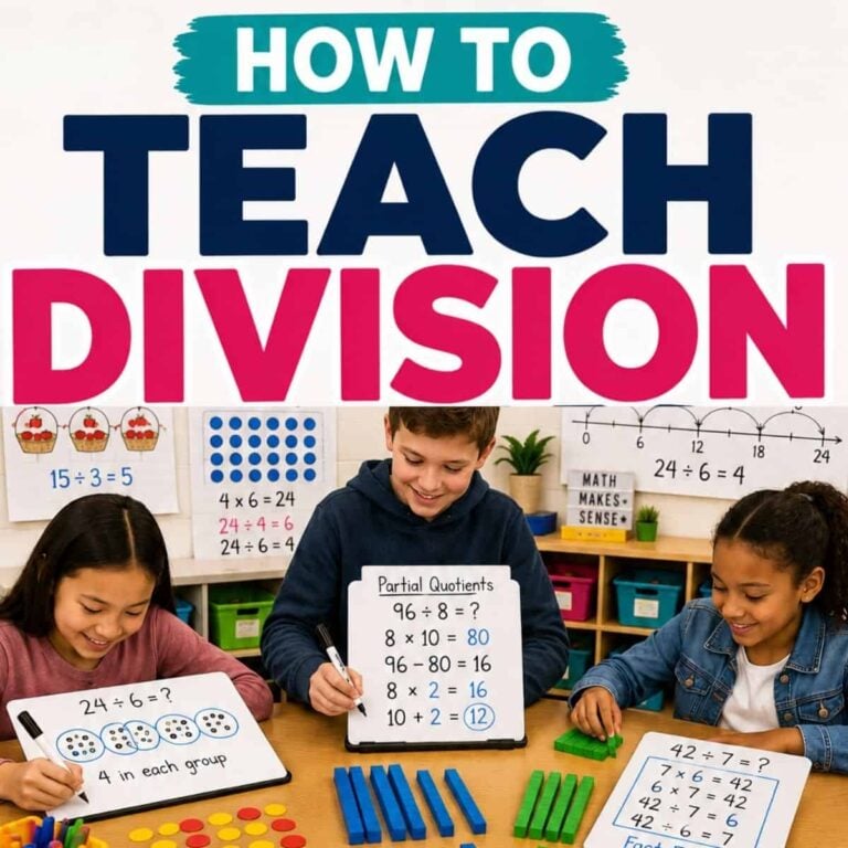 Three children use math manipulatives and whiteboards to solve division problems under a sign reading how to teach division (2), demonstrating teaching division facts in elementary school.