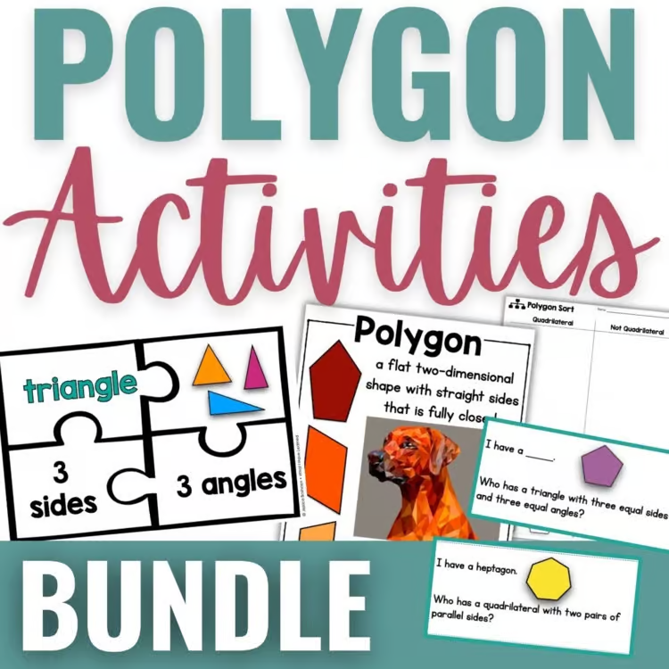 Teaching Geometry in Elementary School: Shapes, Area & Perimeter 2 Polygon Activities Bundle image showcasing geometry worksheets for elementary students—triangle puzzles, shape sorting, polygon definitions, and a fun card with a dog illustration to support engaging geometry lessons.