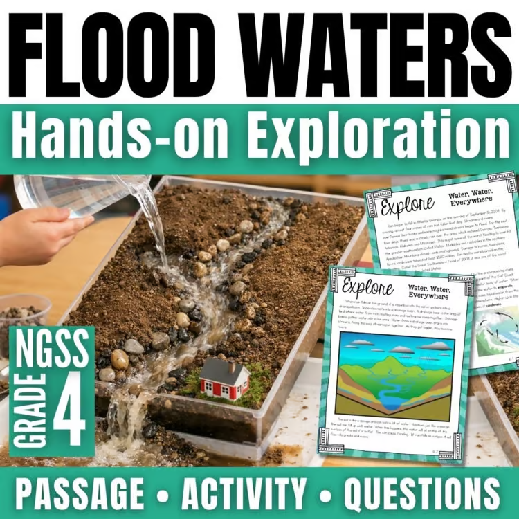Weather Activities for 3rd Grade: Climate and Hazards 7 A person pours water onto a diorama with soil, rocks, and a toy house to show flooding. The image promotes NGSS 3-ESS2 and 3rd grade weather activities, with worksheets in the background. Product Name: image.