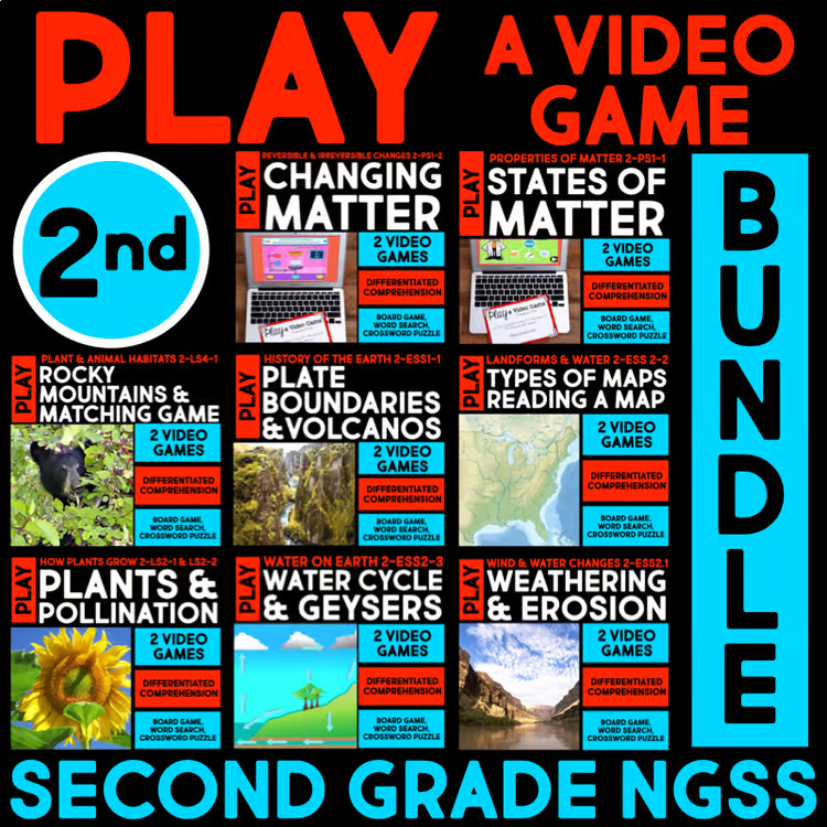A vibrant grid showcases nine &ldquo;image&rdquo; educational video game covers for second grade NGSS science, ideal for elementary review. Text says &ldquo;Play a Video Game Bundle.&rdquo;.