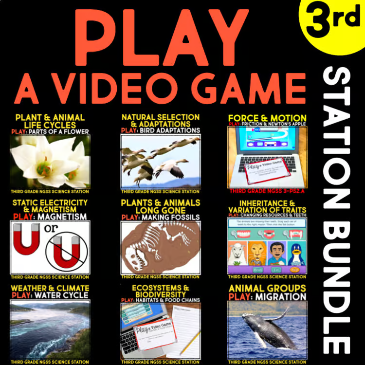 A colorful graphic for the "image" 3rd-grade science station bundle, showcasing icons and titles for plant cycles, motion, weather, ecosystems, fossils, and animal migration&mdash;ideal for fun elementary science review games.