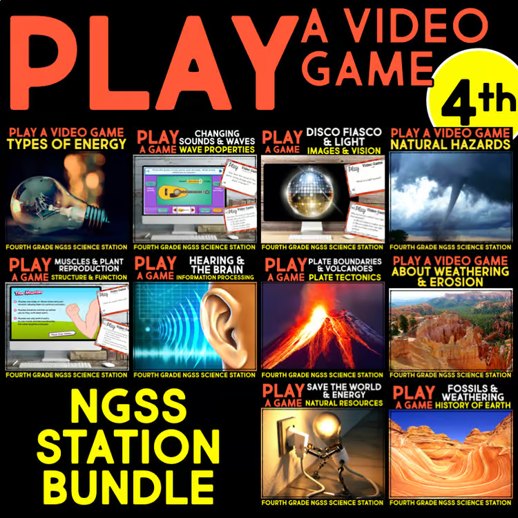 A colorful collage features twelve 4th grade science review games from the product "image," with vibrant visuals and bold titles. Large yellow text reads NGSS Station Bundle and Play a Video Game 4th, perfect for engaging science review!.