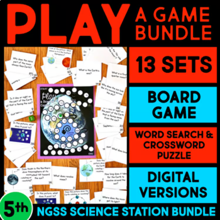 Square graphic promoting "image," a 5th grade NGSS Science Station game bundle with 13 sets, board game, word search, crossword puzzle, and digital formats. Ideal for elementary science review! Features cards and a board game with Earth illustration.