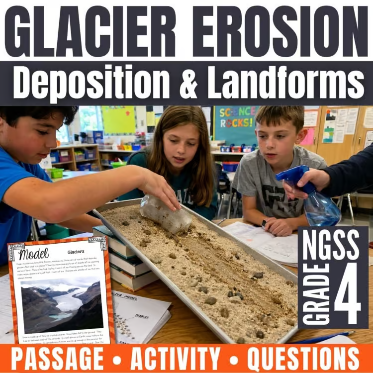 Four students observe a classroom glacier model activity with a sand tray, rocks, and water. Product: image&mdash;Glacier Erosion: Deposition & Landforms, NGSS Grade 4, includes passage, activity, and questions.