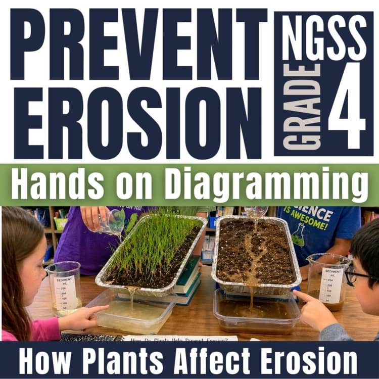 Two 4th graders watch water runoff from trays—one with grass and one with bare soil—in a lab that shows how plants and roots help prevent soil erosion in fourth grade science.