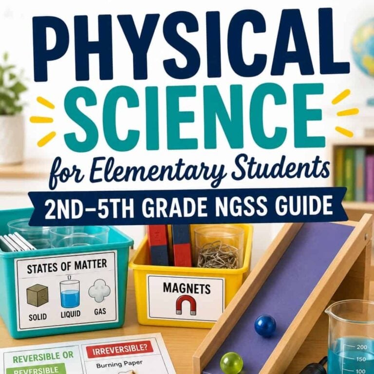 A classroom setup shows bins labeled States of Matter and Magnets, science cards, and a marble ramp. Text: physical science 2-5th grades—hands-on NGSS-aligned activities for elementary students.