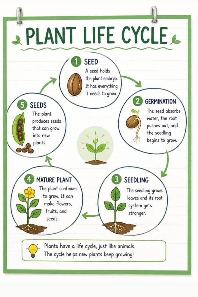 The plant life cycle anchor chart illustrates stages&mdash;seed, germination, seedling, mature plant, and seeds&mdash;with arrows and simple drawings. Ideal for elementary plant life cycle activities or NGSS science lessons.