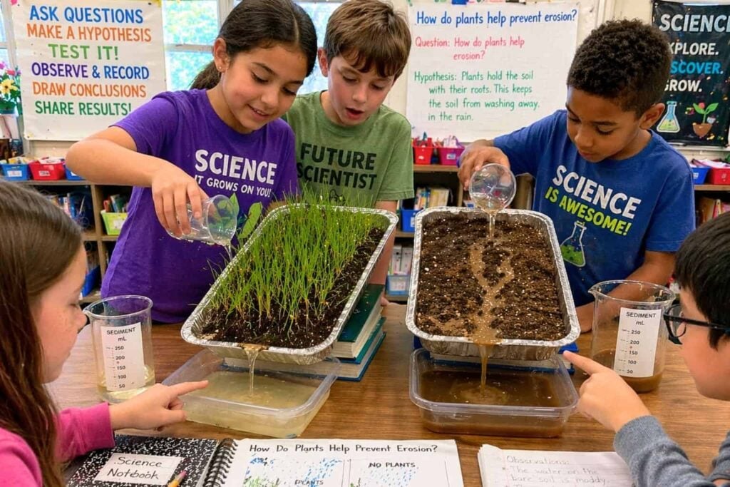 How Plants Prevent Erosion: 4th Grade Science Experiment 3 Four children use the soil erosion science experiment (1) for a 4th grade lab, pouring water on trays (one with grass, one bare) to observe how plants stop erosion. Science notebooks and hypothesis posters appear on the desk and wall.