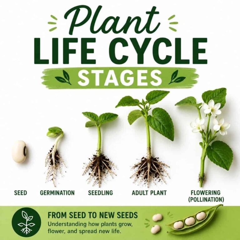 The "stages of plant life cycle" diagram shows seed, germination, seedling, adult plant, and flowering (pollination) with illustrations and roots in soil—ideal for elementary activities or teaching NGSS plant life cycle concepts.
