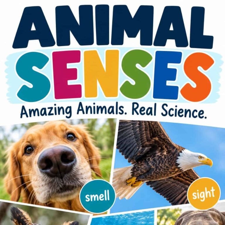 A vibrant Animals with Super Senses poster features a dog labeled smell and a bald eagle labeled sight, showcasing the extraordinary sense organs of animals.