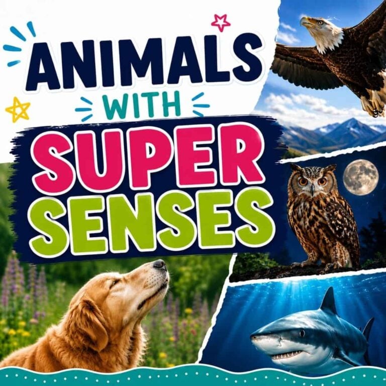 “Animals with Super Senses” features images of an eagle in flight, a nocturnal owl, a golden retriever, and an underwater shark—all highlighting extraordinary animal senses.