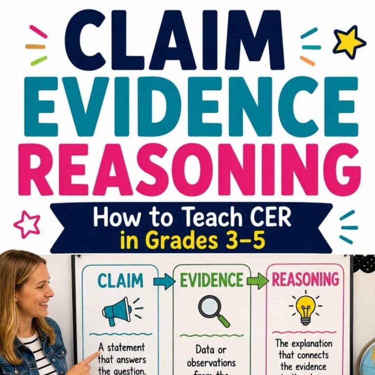 A teacher uses the "Claim How to Teach CER" poster for grades 3-5, featuring colorful headings&mdash;Claim, Evidence, Reasoning&mdash;with icons and brief definitions to explain how to teach claim evidence reasoning in science.