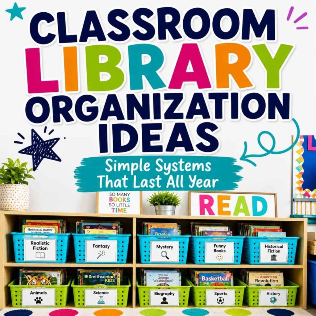 Classroom Library Ideas for Elementary Teachers: Organization, Labels, and Checkout Systems 20 A vibrant classroom library features labeled genre bins beneath a large "Classroom Library Tips" sign—perfect inspiration for organizing your own space. A READ sign and a plant decorate the top, making this setup both functional and inviting.