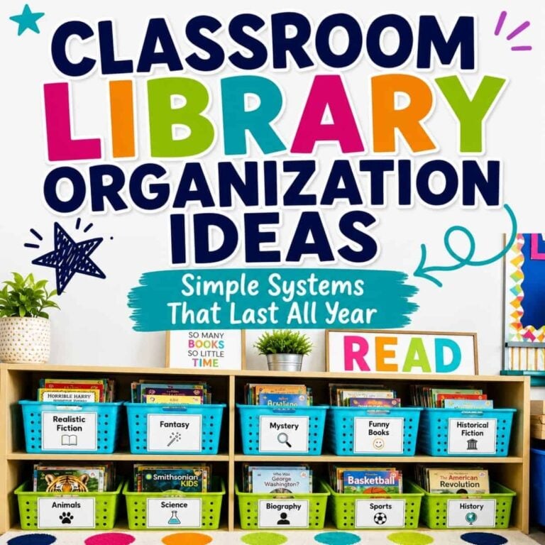 A vibrant classroom library features labeled genre bins beneath a large "Classroom Library Tips" sign&mdash;perfect inspiration for organizing your own space. A READ sign and a plant decorate the top, making this setup both functional and inviting.