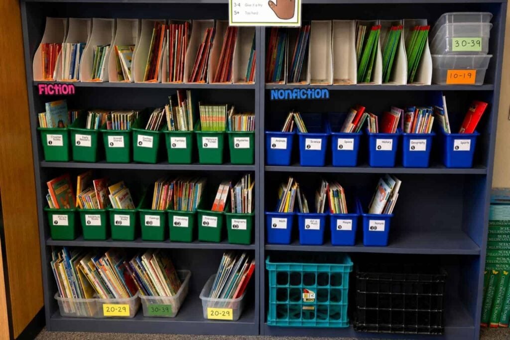 The Cleaned Up Classroom Library features labeled bins and shelves that divide fiction (left) and nonfiction (right) books. Color-coded green or blue bins with number ranges keep books upright or stacked&mdash;ideal for organizing any classroom library.