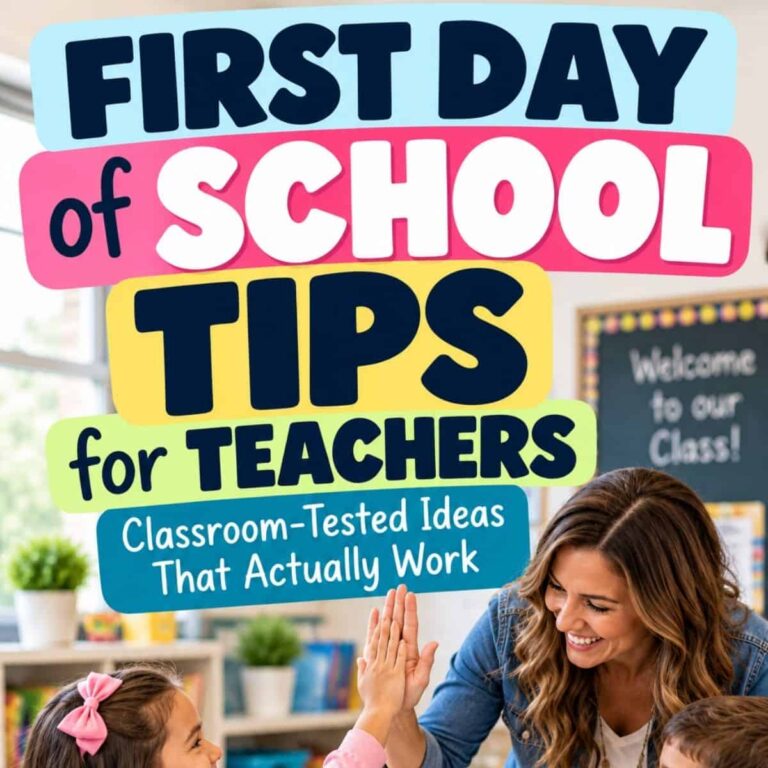 A teacher high-fives a young student in class. Text above: Ace your first day with First Day of School Tips—classroom-tested ideas that actually work!.