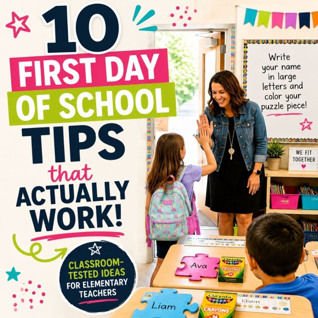 First Day of School Tips for Teachers: What Actually Works After 16 Years in the Classroom 22 A teacher high-fives a student with a backpack in class. Colorful signs introduce "First Day of School Tips," while puzzle pieces labeled with student names are arranged on a nearby table.