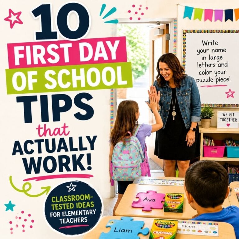 A teacher high-fives a student with a backpack in class. Colorful signs introduce "First Day of School Tips," while puzzle pieces labeled with student names are arranged on a nearby table.