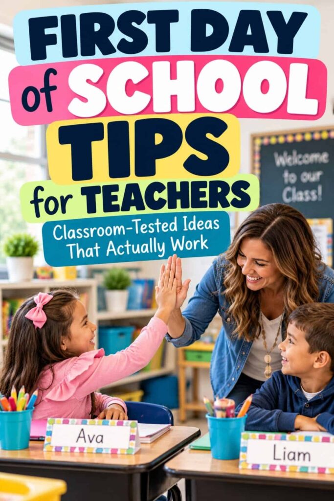 First Day of School Tips for Teachers: What Actually Works After 16 Years in the Classroom 1 A teacher high-fives a smiling young girl in class while another child sits nearby. Text above reads, First Day of School Tips for Teachers: classroom-tested ideas that actually work.