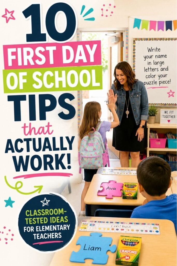 First Day of School Tips for Teachers: What Actually Works After 16 Years in the Classroom 1 A teacher high-fives a student in class as two kids, Ava and Liam, sit at labeled desks. Colorful text highlights "First Day of School Tips for Teachers," featuring classroom-tested ideas that work for elementary teachers.