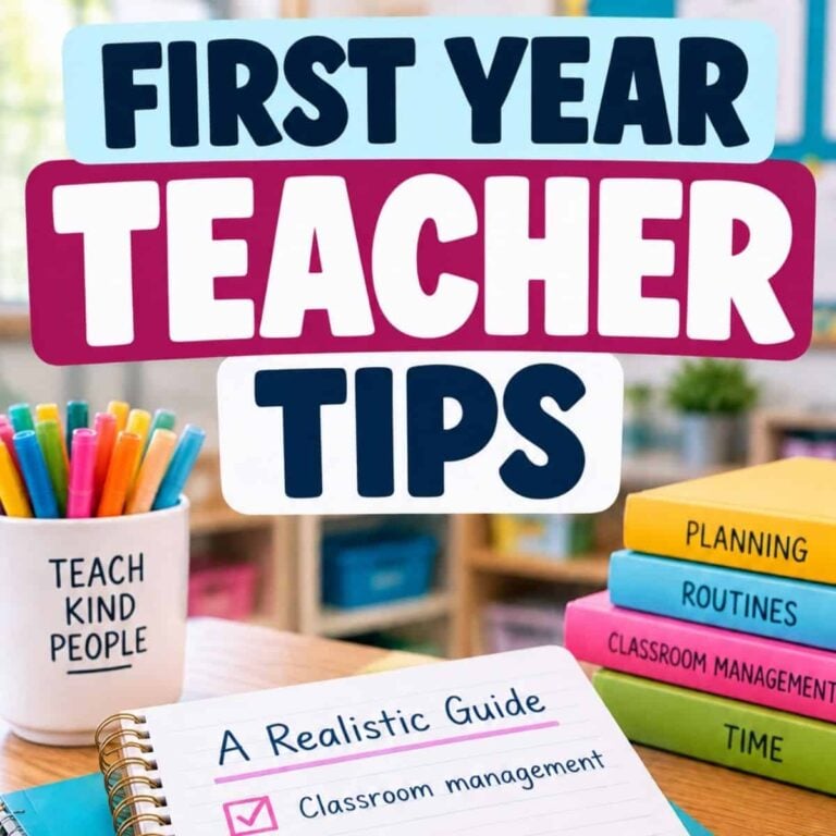 A colorful desk with pens, notebooks labeled Planning, Routines, and Strategies, plus a sign reading First Year Teacher Tips (2)—the essential guide for first-year teachers seeking tips and success.