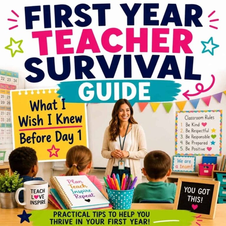 A smiling teacher stands before students in a colorful classroom. Text reads "First Year Teacher Tips (2): What I Wish I Knew Before Day 1." Classroom rules and teacher supplies are visible.