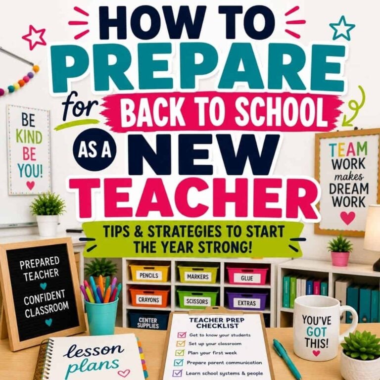 A colorful classroom scene features the book "How to Prepare for Back to School," surrounded by checklists, supplies, posters, lesson plans, and a motivating “You’ve Got This!” mug—everything you need for back-to-school prep as a new teacher.
