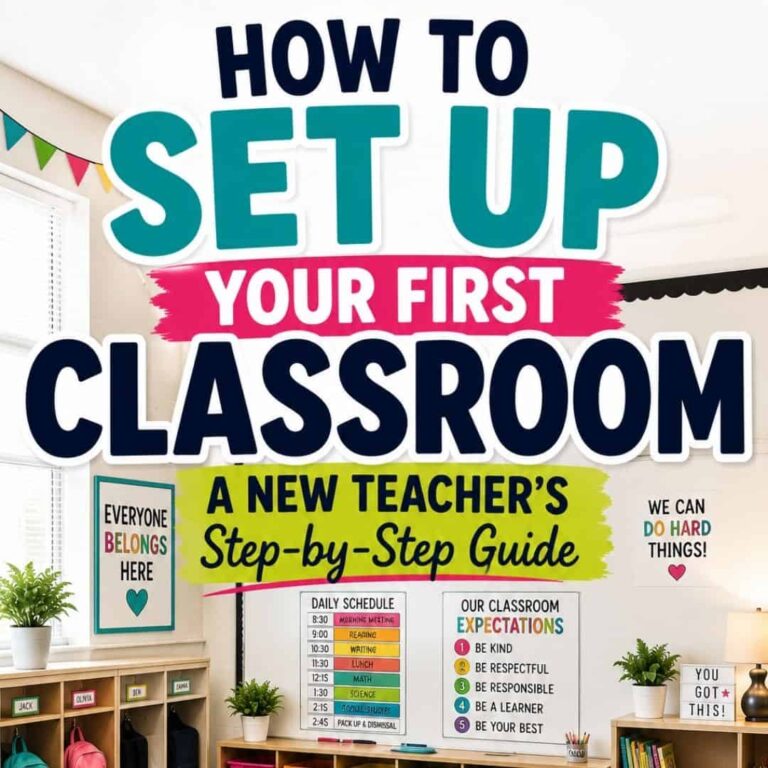 A classroom decorated with colorful posters, vibrant plants, and the guide How to Set Up a Classroom for the First Time. The bright, welcoming decor and visible daily schedule offer perfect inspiration for anyone preparing to set up their first classroom.