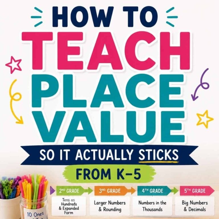 A vibrant graphic displays “How to Teach Place Value K-5.” Grade levels and topics, such as place value activities, appear above a row of colorful pencils and markers in cups.