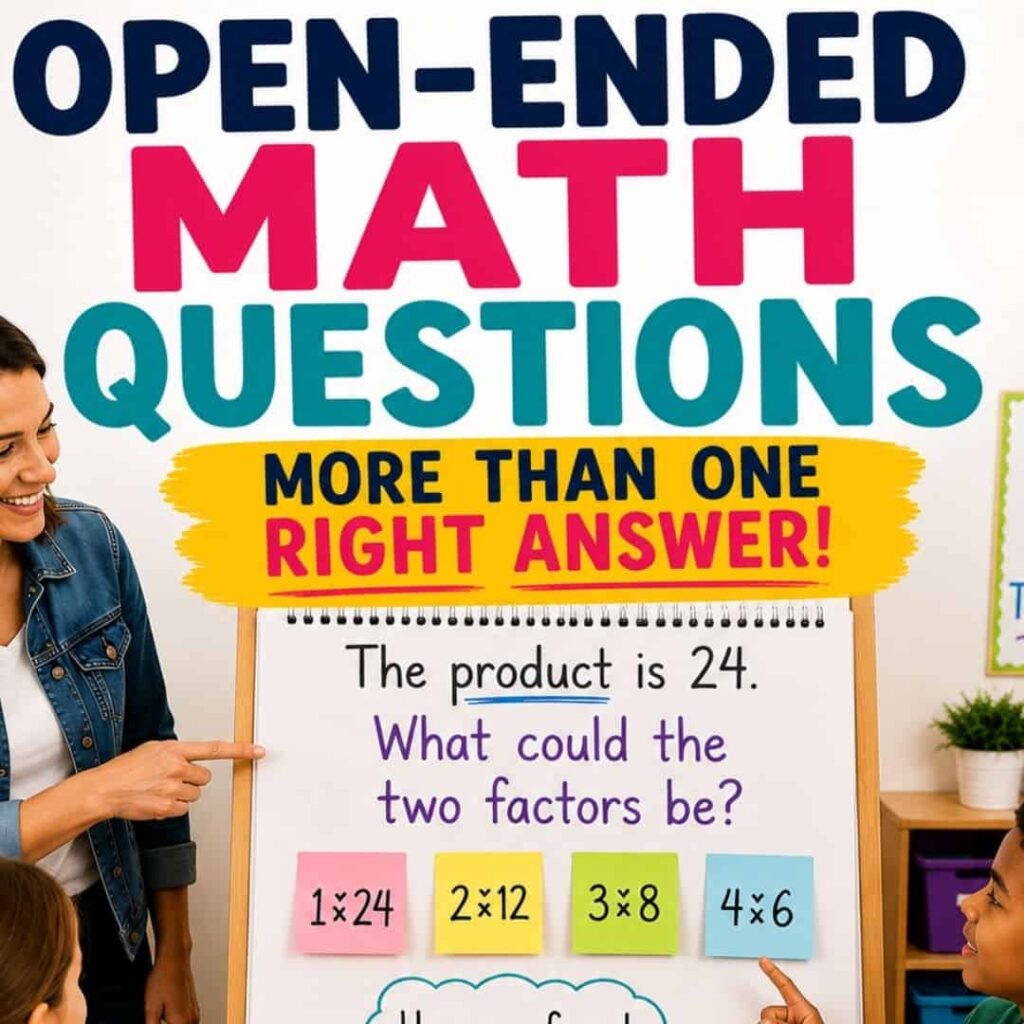 A teacher and student discuss a math problem on the board, searching for two numbers that multiply to make 24, with several example answers displayed below. Above them, a sign reads: “Open ended math questions for grades 3-5—more than one right answer!”, showcasing how these open-ended questions promote creative problem-solving.
