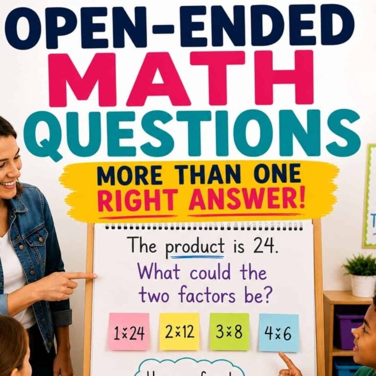 A teacher and student discuss a math problem on the board, searching for two numbers that multiply to make 24, with several example answers displayed below. Above them, a sign reads: “Open ended math questions for grades 3-5—more than one right answer!”, showcasing how these open-ended questions promote creative problem-solving.