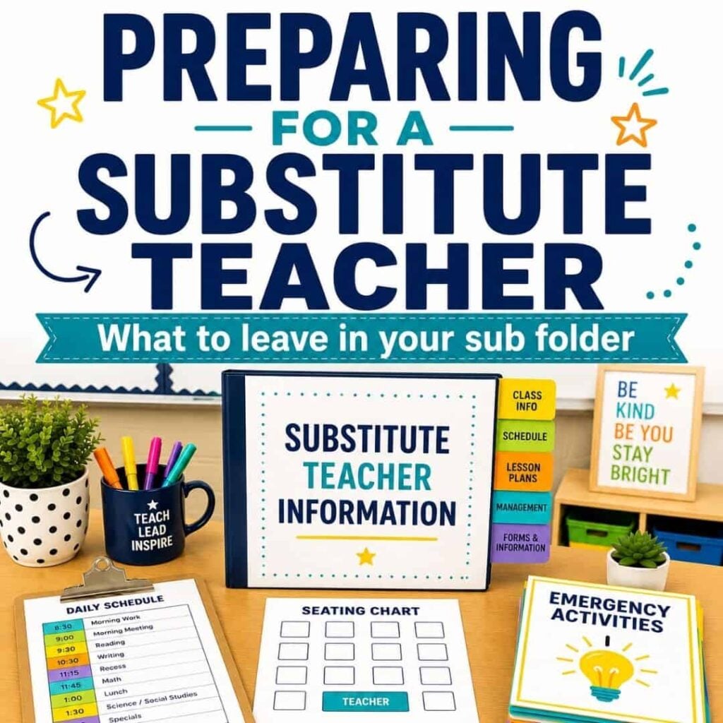 Preparing for a Substitute Teacher: What to Include and What Actually Works 19 A classroom displays the "Preparing for a Substitute Teacher Elementary" sign, schedule and plan folders, a “Be Kind Be You Stay Bright” sign, a plant, and a mug that says “Teach Lead Inspire.”.