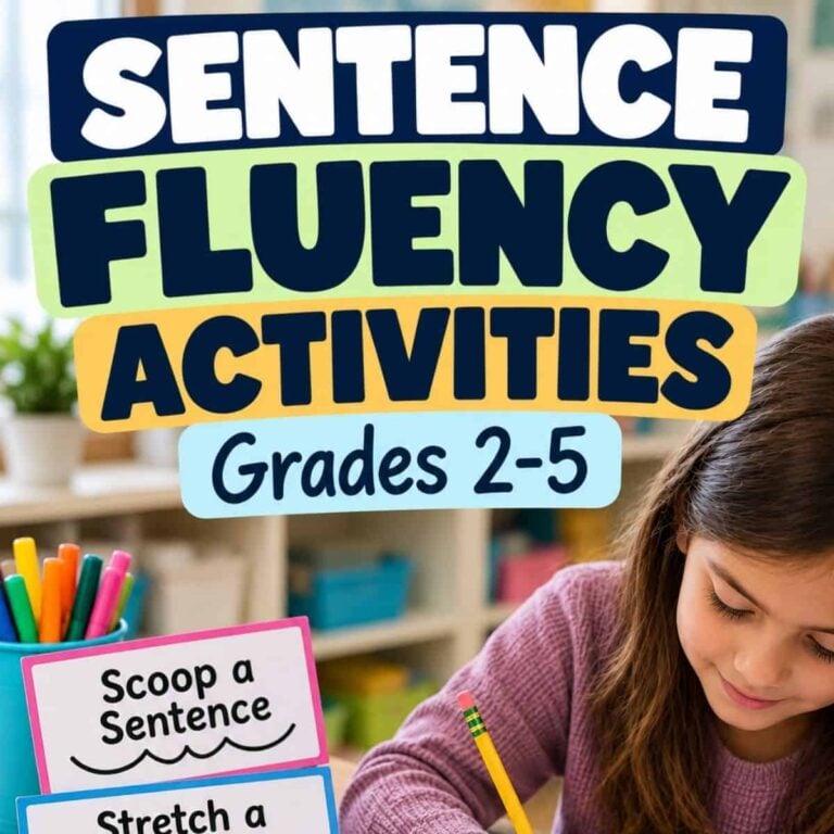A young girl uses colorful pencils at a desk, building sentence skills with Sentence Fluency Activities. The text above reads, Sentence Fluency Activities Grades 2-5 and a card says, Scoop a Sentence, Stretch a.