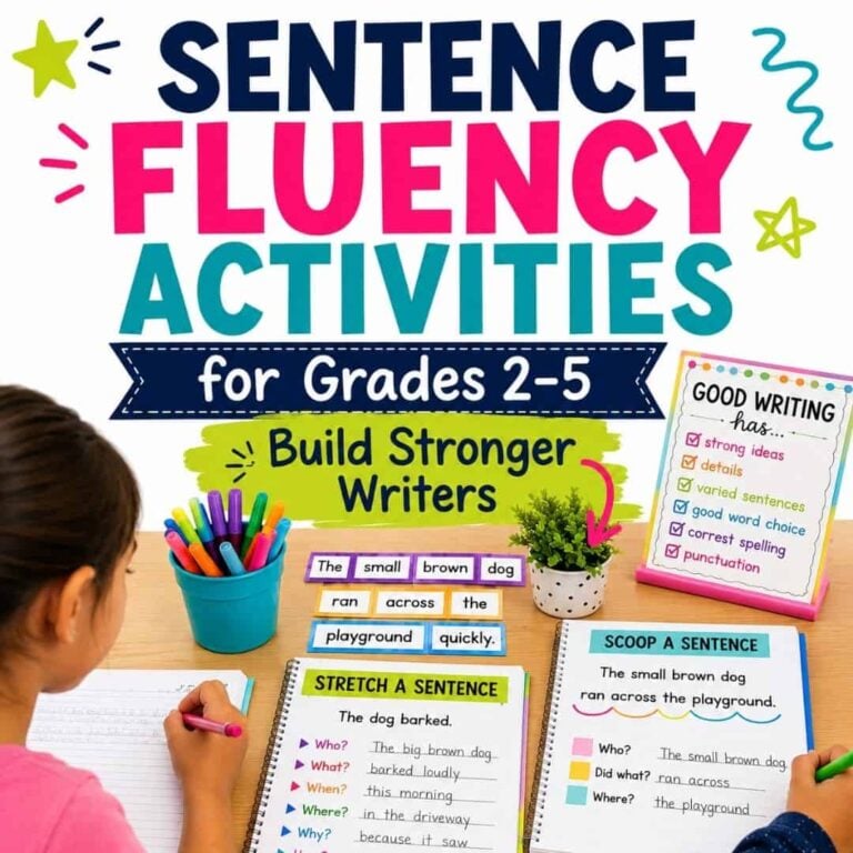 A student works at a desk with Sentence Fluency Activities for grades 2&ndash;5&mdash;colorful cards and posters packed with writing tips and sentence-building exercises to boost fluency. Bold &ldquo;Fluency Activities&rdquo; text stands out.