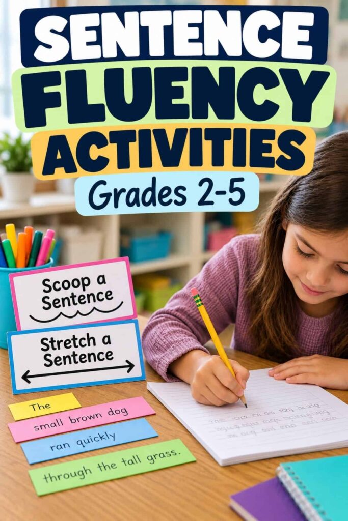 How to Teach Sentence Fluency in Grades 2–5 1 A girl writes in a notebook at her desk, surrounded by Sentence Fluency Activities Grades 2-5, using sentence strips and art supplies to strengthen her writing skills.