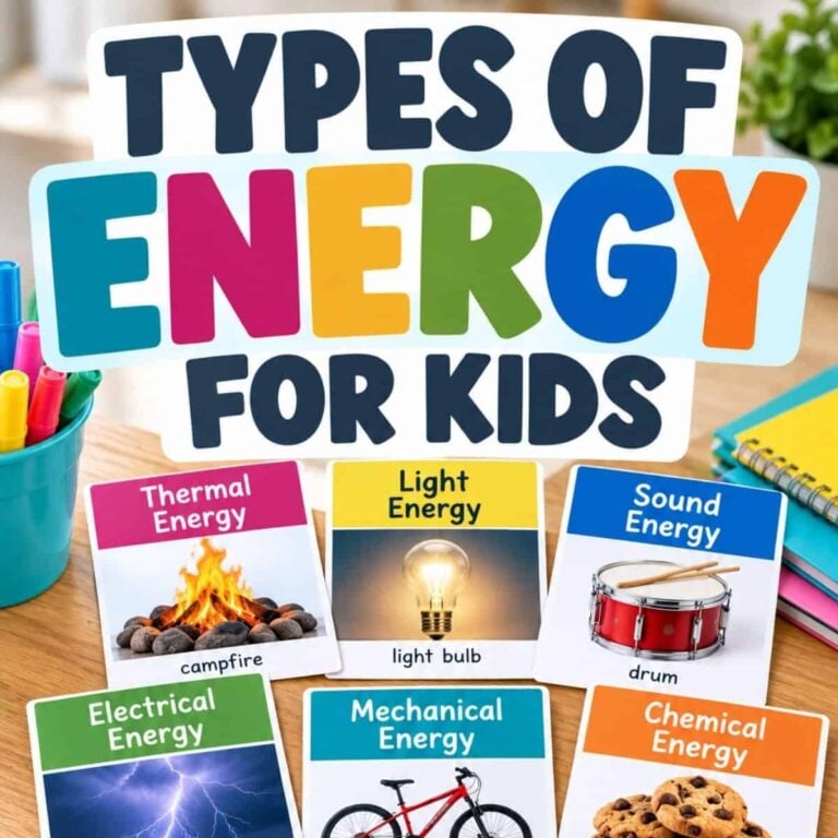 The colorful Types of Energy sign is displayed above six cards showing campfire (thermal), light bulb (light), drum (sound), lightning (electrical), gears (mechanical), and beaker (chemical).
