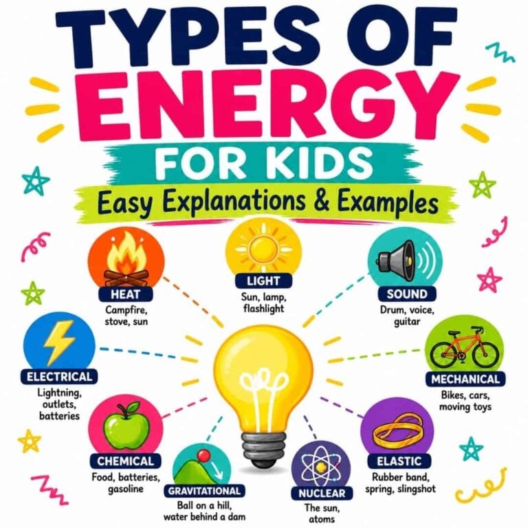 Types of Energy infographic for kids features colorful icons and fun examples of heat, light, sound, electrical, mechanical, chemical, gravitational, nuclear, and elastic energy arranged around a glowing light bulb.