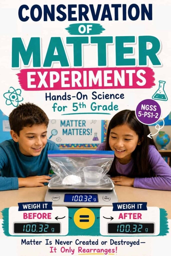 Conservation of Matter: Experiments for 5th Grade 1 Two smiling children observe a scale with a beaker, showing 100.32 grams both before and after. The “conservation of matter (1)” poster text discusses the law of conservation of mass and highlights hands-on science experiments for 5th grade that demonstrate the conservation of matter.