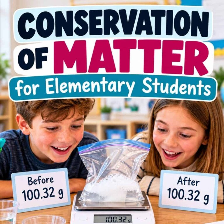 Two smiling children use conservation of matter experiments, observing a plastic bag of white substance on a scale. Signs show Before 100.32g and After 100.32g, demonstrating the law of conservation of mass.