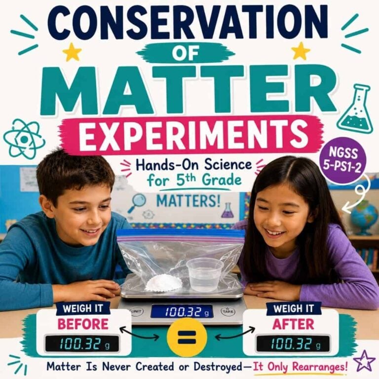 Two children smile at a sealed bag on a scale during a conservation of matter experiments activity. The bag weighs 100.32g before and after mixing, illustrating the law of conservation of mass for 5th graders.