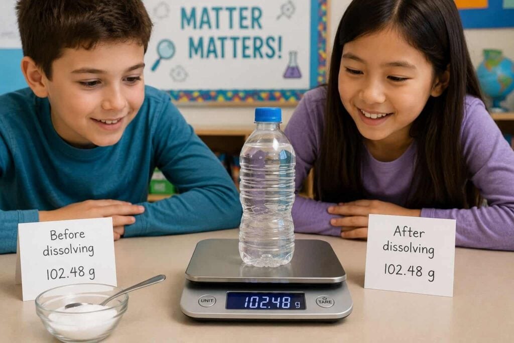 Two children smile at a plastic bottle on a digital scale reading 102.48 g during a dissolving solids experiment. Signs read &ldquo;Before dissolving 102.48 g&rdquo; and &ldquo;After dissolving 102.48 g,&rdquo; with a small bowl of powder nearby.
