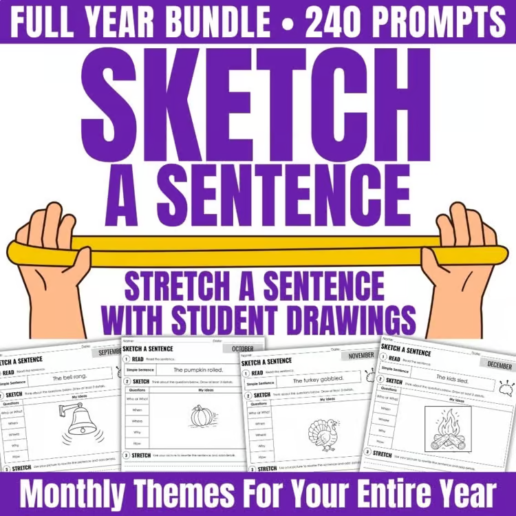 Promotional image for the "image" product, featuring hands stretching a yellow bar, sample worksheet pages with drawings, and text highlighting a full year bundle with 240 prompts, monthly themes, and expanding sentence activities.