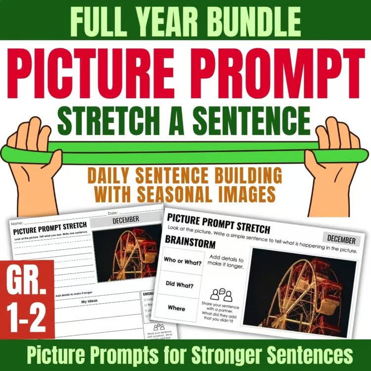 Cover image for the product "image," showing two hands stretching a green band under the title “Picture Prompt Stretch a Sentence.” Sample worksheets with a Ferris wheel photo help grades 1-2 expand sentences.